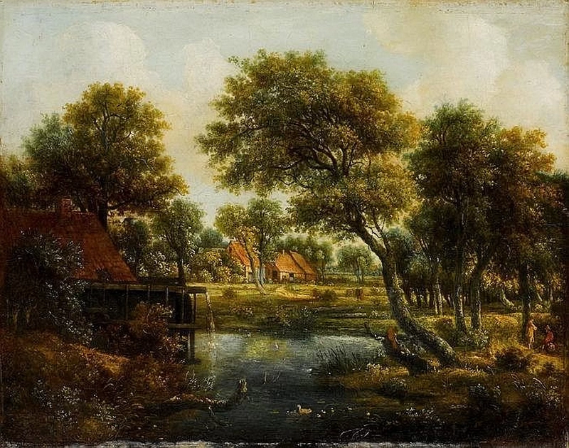 Paesaggio con alberi e un mulino ad acqua